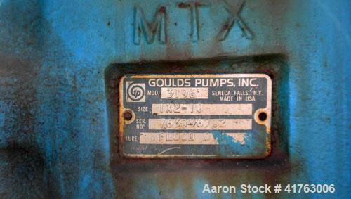 Used Goulds Centrifugal Pump, Model 3196 MTX, Size 1x2-10, Stainless Steel. 2" inlet, 1" outlet, approximately 10" diameter impeller. Rated approximately 100 gallons per minute at 100' head at 1700 r...