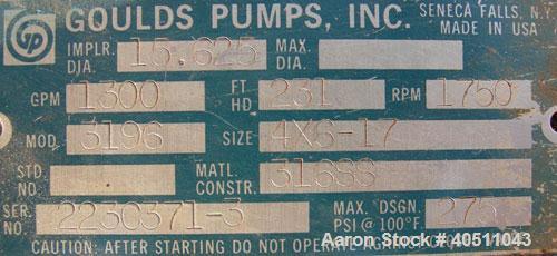 Used Goulds Centrifugal Pump, model 3196 XLT-X, size 4x6-17, 316 stainless steel. 6" inlet, 4" outlet, approximately 15.625'' diameter impeller. Rated approximately 1300 gallons per minute at 231' he...