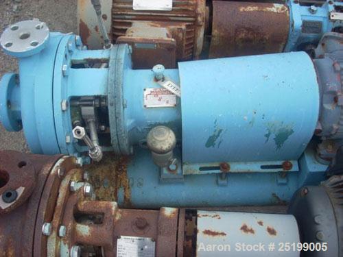 Used Goulds Centrifugal Pump, Model 3196, Size 1X2X10, 316 Stainless Steel. 2" Inlet, 1" outlet, approximate 10" diameter impeller. Rated approximately 50 gallons per minute at 120' head. Driven by a...
