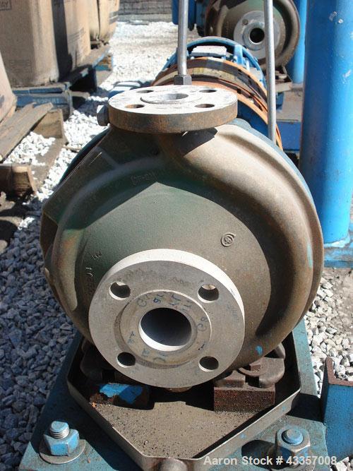 Used Goulds Centrifugal Pump, Model 3196, 316 Stainless Steel. 1" x 1.5" x 8" impeller, rated 50 gallons per minute at 275 psi at 100 degrees F. Mechanical seal with seal pot, on base with 15 hp moto...