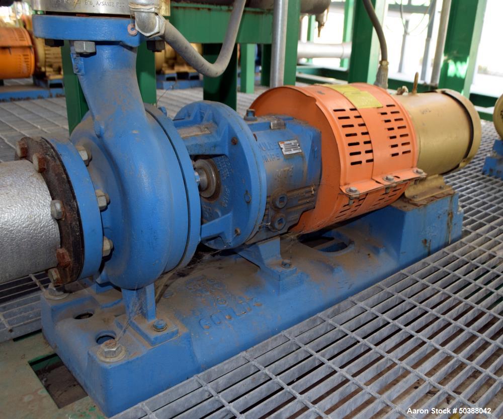 Used Goulds Centrifugal Pump, Model 3196, Size 3X4-8G, 316 Stainless Steel. Rated approximately 63 gallons per minute at 58' head at 1800 rpm, 275 psi. 4” Inlet, 3” outlet, 8.375” diameter impeller, ...