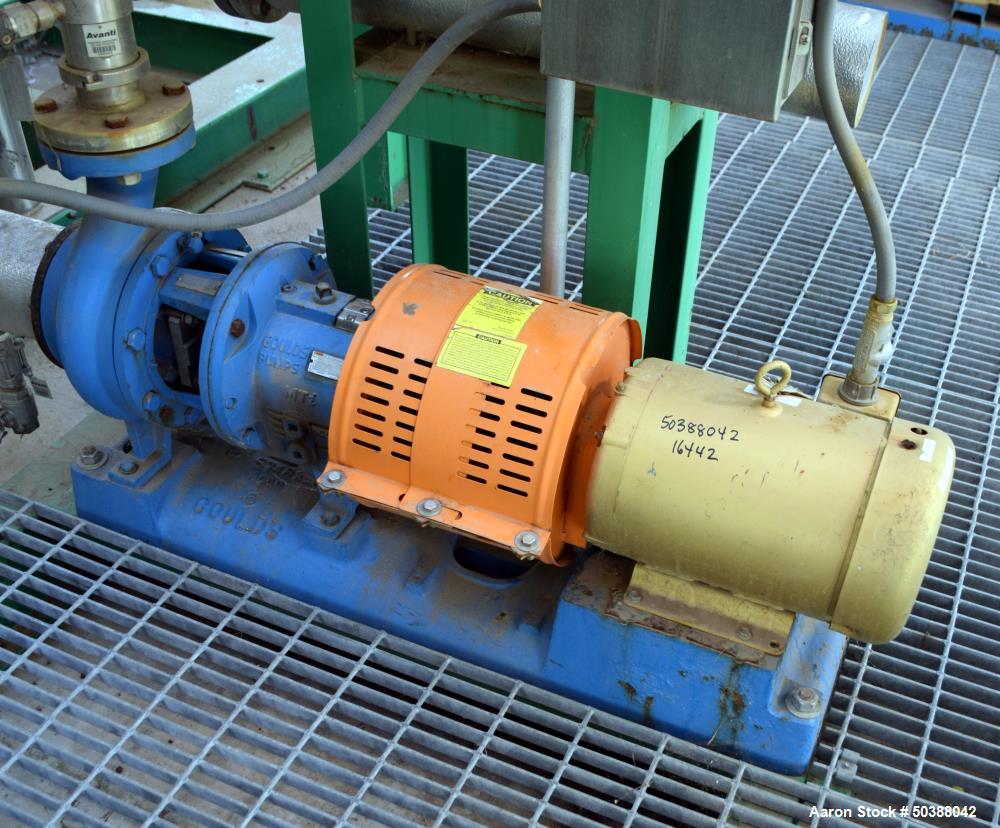 Used Goulds Centrifugal Pump, Model 3196, Size 3X4-8G, 316 Stainless Steel. Rated approximately 63 gallons per minute at 58' head at 1800 rpm, 275 psi. 4” Inlet, 3” outlet, 8.375” diameter impeller, ...