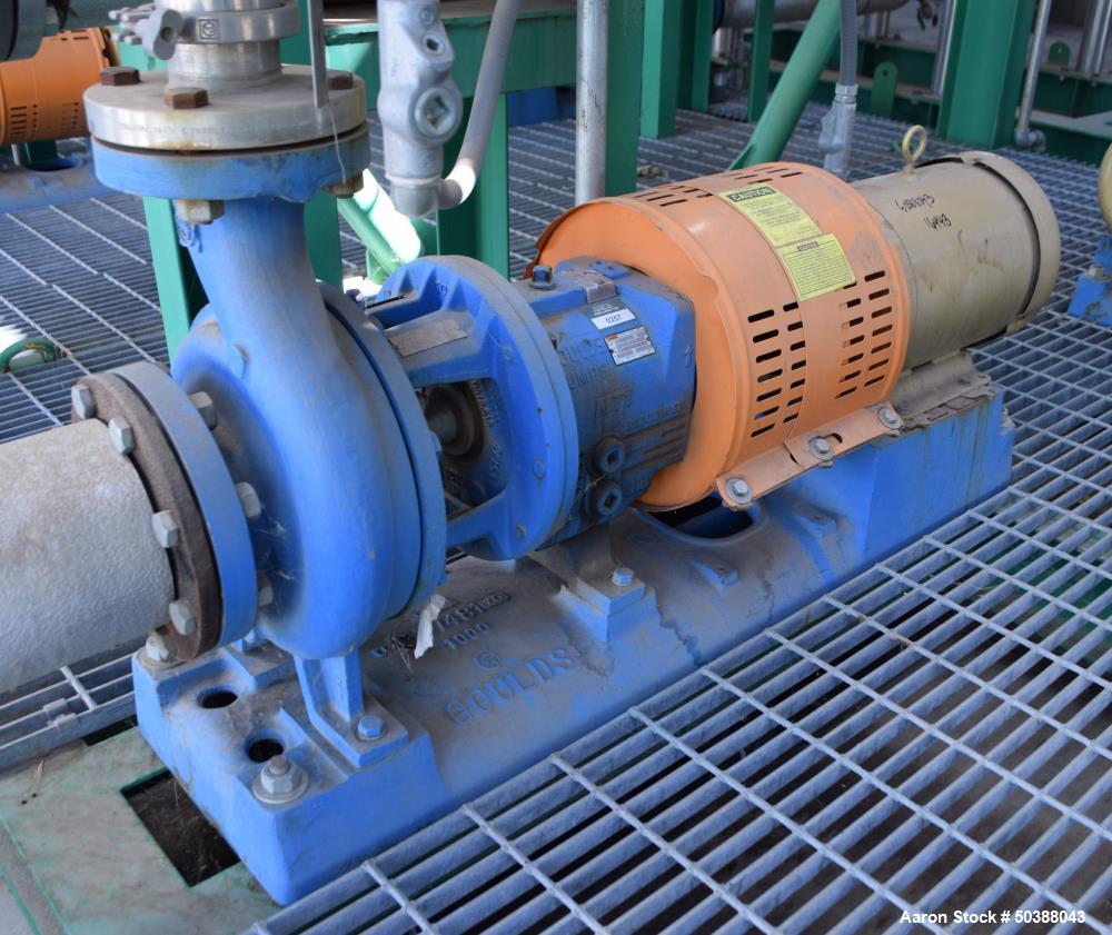 Used Goulds Centrifugal Pump, Model 3196, Size 3X4-8G, 316 Stainless Steel. Rated approximately 63 gallons per minute at 58' head at 1800 rpm, 275 psi. 4” Inlet, 3” outlet, 8.375” diameter impeller, ...
