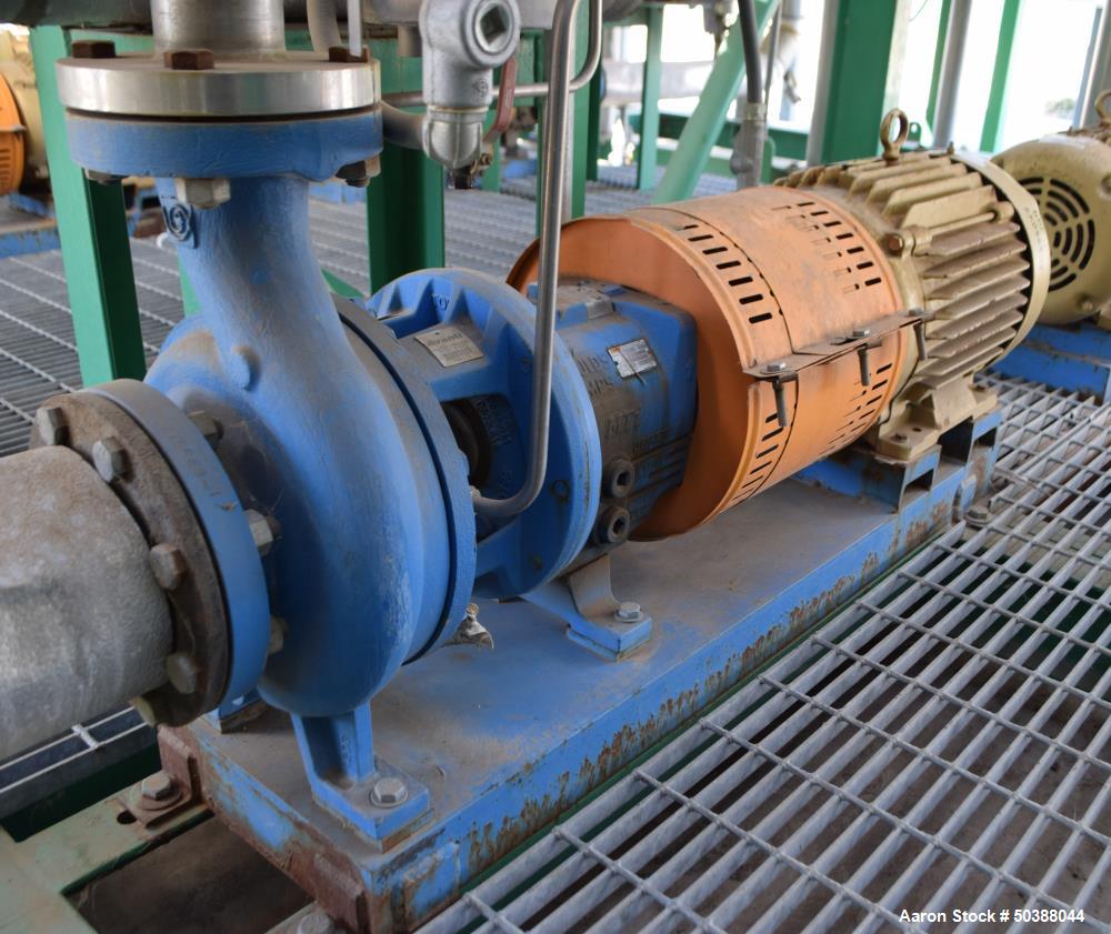 Used Goulds Centrifugal Pump, Model 3196, Size 3X4-8G, 316 Stainless Steel. Rated approximately 63 gallons per minute at 73' head at 1800 rpm, 275 psi. 4” Inlet, 3” outlet, 8.375” diameter impeller, ...