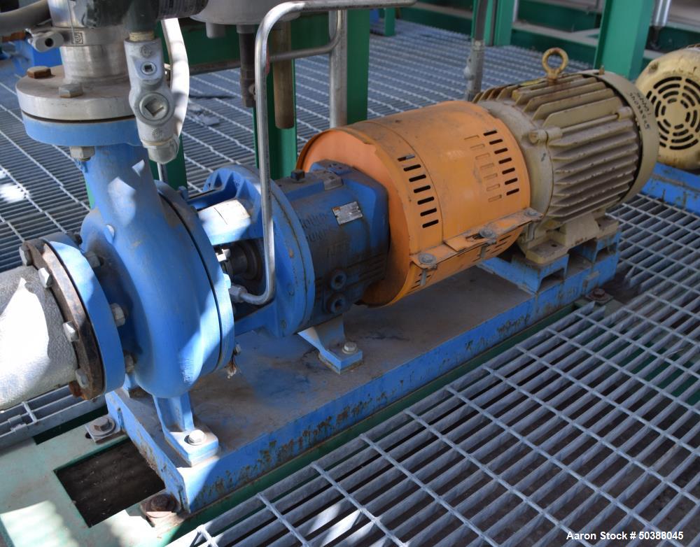 Used Goulds Centrifugal Pump, Model 3196, Size 3X4-8G, 316 Stainless Steel. Rated approximately 63 gallons per minute at 73' head at 1800 rpm, 275 psi. 4” Inlet, 3” outlet, 8.375” diameter impeller, ...