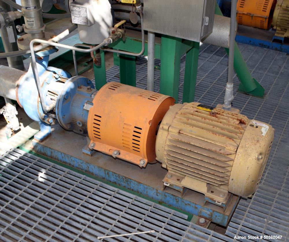 Used Goulds Centrifugal Pump, Model 3196, Size 3X4-8G, 316 Stainless Steel. Rated approximately 63 gallons per minute at 73' head at 1800 rpm, 275 psi. 4” Inlet, 3” outlet, 8.375” diameter impeller, ...