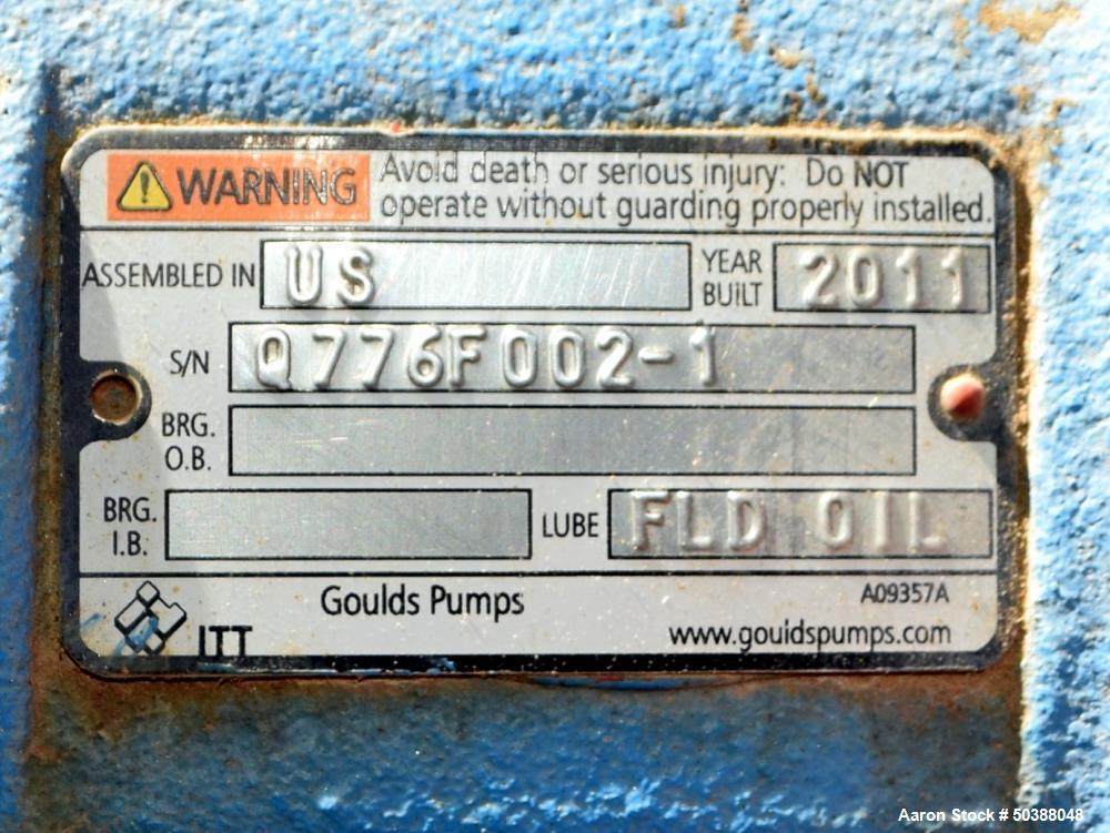 Used Goulds Centrifugal Pump, Model 3196, Size 3X4-8G, 316 Stainless Steel. Rated approximately 63 gallons per minute at 73' head at 1800 rpm, 275 psi. 4” Inlet, 3” outlet, 8.375” diameter impeller, ...