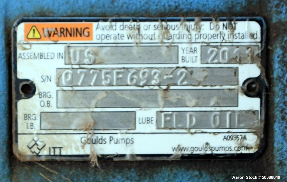 Used Goulds Centrifugal Pump, Model 3196, Size 3X4-8G, 316 Stainless Steel. Rated approximately 63 gallons per minute at 73' head at 1800 rpm, 275 psi. 4” Inlet, 3” outlet, 8.375” diameter impeller, ...