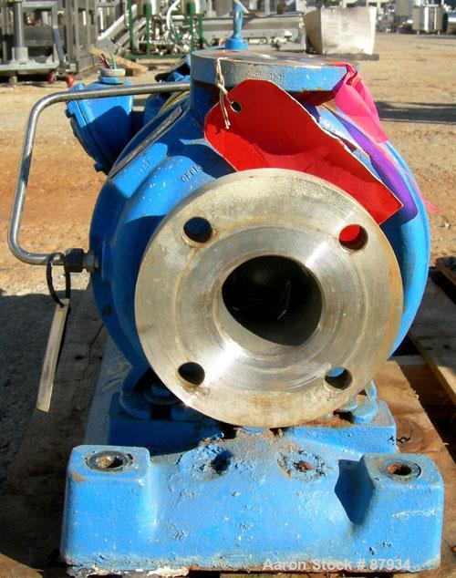 USED: Goulds centrifugal pump, model 3196, size 1.5x3x8, 316 stainless steel. 3" inlet, 1-1/2" outlet. Approximate capacity 60 gallons per minute at 40' head. Driven by a 3 hp, 3/60/230/460 volt, 180...