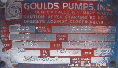 Used Goulds Centrifugal Pump, model 3196, size 1x2x10, 316 stainless steel. 2" inlet, 1" outlet. Approximate 10" diameter impeller. Rated approximately 50 gallons per minute at 120' head at 1800 psi....