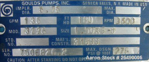 Used Goulds Centrifugal Pump, model 3296, S Group, size 1.5x3-8, 316 stainless steel. 3" inlet, 1-1/2" outlet, approximately 6.75'' diameter impeller. Rated approximately 135 gallons per minute at 18...