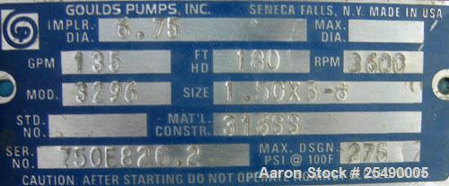 Used- Goulds Centrifugal Pump, model 3296, S Group, size 1.5x3-8, 316 stainless steel. 3" inlet, 1-1/2" outlet, approximatel...