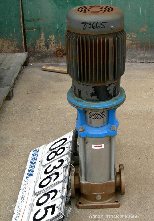USED: Goulds vertical multi-stage centrifugal pump, model 5SVDK, 316 stainless steel construction. 2-1/2" inlet/outlet. Approx 28-180 gallons per minute at 100-760 head feet at 3450 rpm. Driven by a ...
