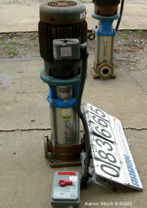 USED: Goulds vertical multi-stage centrifugal pump, model 5SVDK, 316 stainless steel construction. 2-1/2" inlet/outlet. Approx 28-180 gallons per minute at 100-760 head feet at 3450 rpm. Driven by a ...