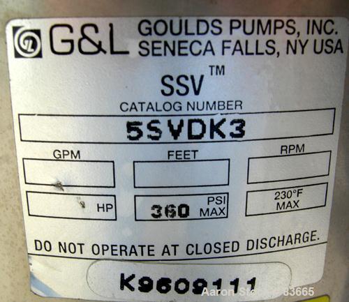 USED: Goulds vertical multi-stage centrifugal pump, model 5SVDK, 316 stainless steel construction. 2-1/2" inlet/outlet. Approx 28-180 gallons per minute at 100-760 head feet at 3450 rpm. Driven by a ...