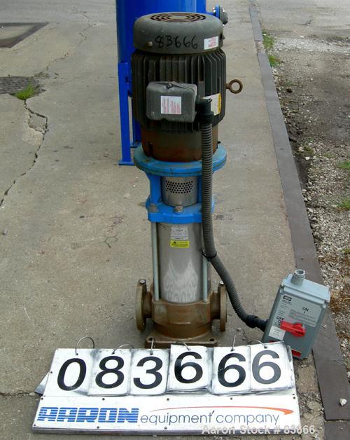 USED: Goulds vertical multi-stage centrifugal pump, model 5SVDK, 316 stainless steel construction. 2-1/2" inlet/outlet. Approx 28-180 gallons per minute at 100-760 head feet at 3450 rpm. Driven by a ...