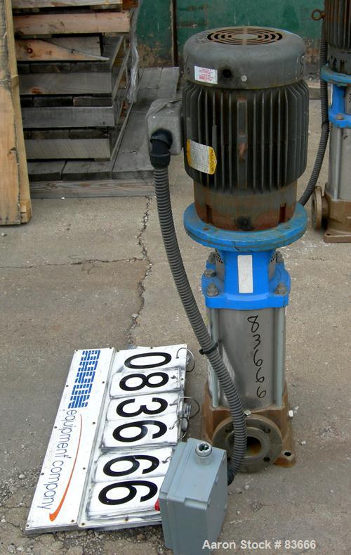 USED: Goulds vertical multi-stage centrifugal pump, model 5SVDK, 316 stainless steel construction. 2-1/2" inlet/outlet. Approx 28-180 gallons per minute at 100-760 head feet at 3450 rpm. Driven by a ...