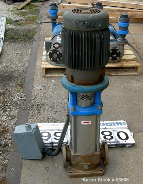 USED: Goulds vertical multi-stage centrifugal pump, model 5SVDK, 316 stainless steel construction. 2-1/2" inlet/outlet. Approx 28-180 gallons per minute at 100-760 head feet at 3450 rpm. Driven by a ...