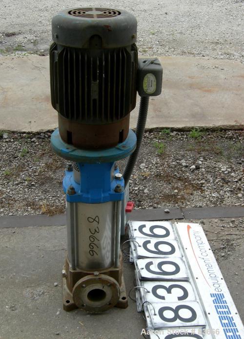USED: Goulds vertical multi-stage centrifugal pump, model 5SVDK, 316 stainless steel construction. 2-1/2" inlet/outlet. Approx 28-180 gallons per minute at 100-760 head feet at 3450 rpm. Driven by a ...