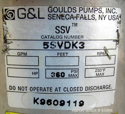 USED: Goulds vertical multi-stage centrifugal pump, model 5SVDK, 316 stainless steel construction. 2-1/2" inlet/outlet. Approx 28-180 gallons per minute at 100-760 head feet at 3450 rpm. Driven by a ...
