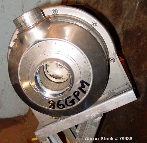 USED: Goulds centrifugal pump, model NPE, stainless steel. 1-1/2"inlet, 2" outlet. Impeller size 3-5/8". Driven by a 1-1/2 hp, 3/50-60/208-230/460. Capacity 75 gpm @ 1750 rpm, 150 gpm @ 3500 rpm.