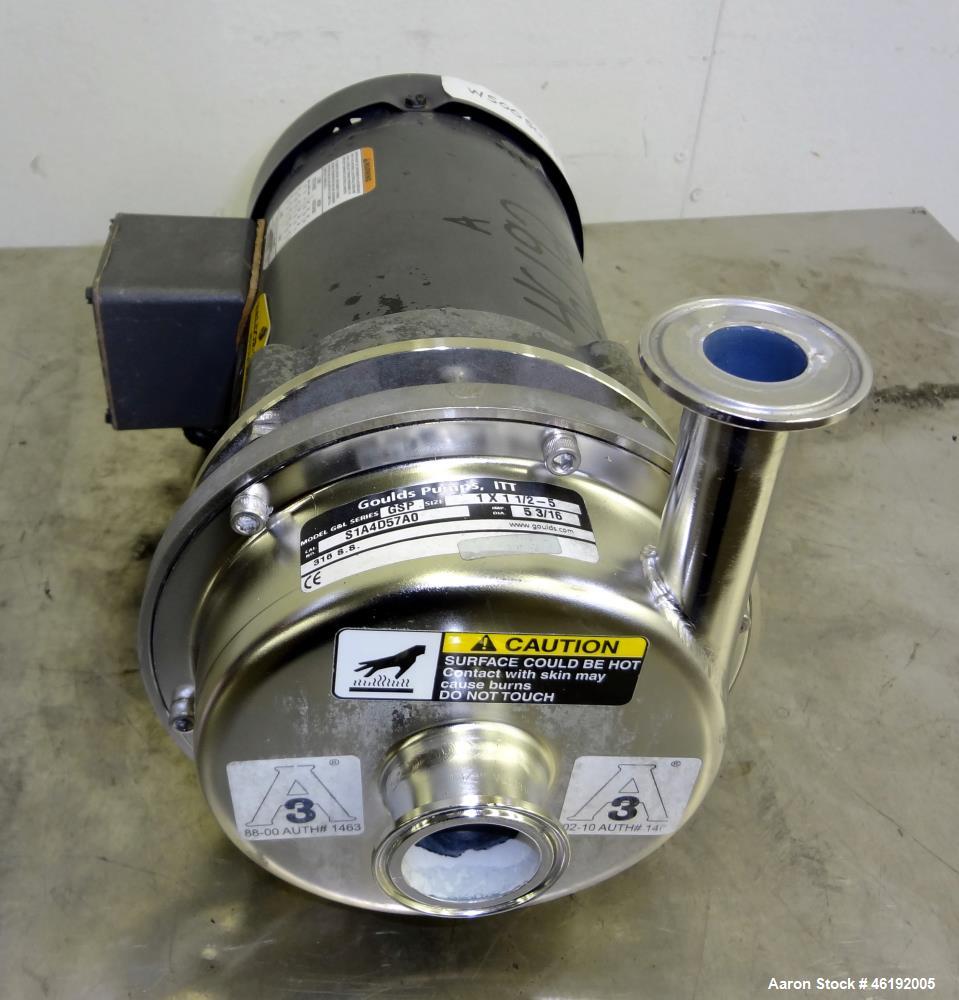 Used Goulds G&L Series Sanitary Centrifugal Pump, Model GSP, Size 1x1-1/2-5, 316 Stainless Steel. Approximately 25 gallons per minute at 25 head. 1-1/2" Inlet, 1" outlet, 5-3/16" diameter impeller. D...
