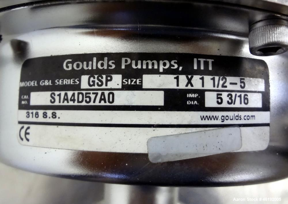 Used Goulds G&L Series Sanitary Centrifugal Pump, Model GSP, Size 1x1-1/2-5, 316 Stainless Steel. Approximately 25 gallons per minute at 25 head. 1-1/2" Inlet, 1" outlet, 5-3/16" diameter impeller. D...