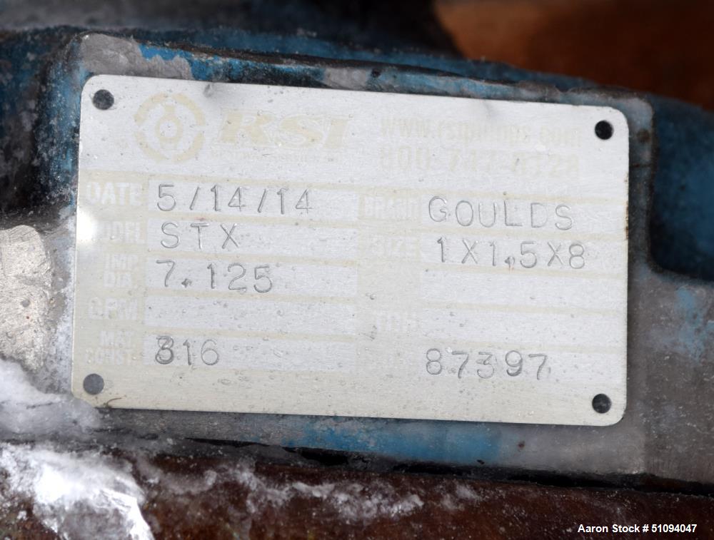 Used Goulds Centrifugal Pump, Model STX, Size 1X1.5X8, 316 Stainless Steel. Driven by a 15hp, 3/60/230/460 volt, 3530 rpm motor. Serial# 87397, built 2014. ** This will not be available for delivery ...
