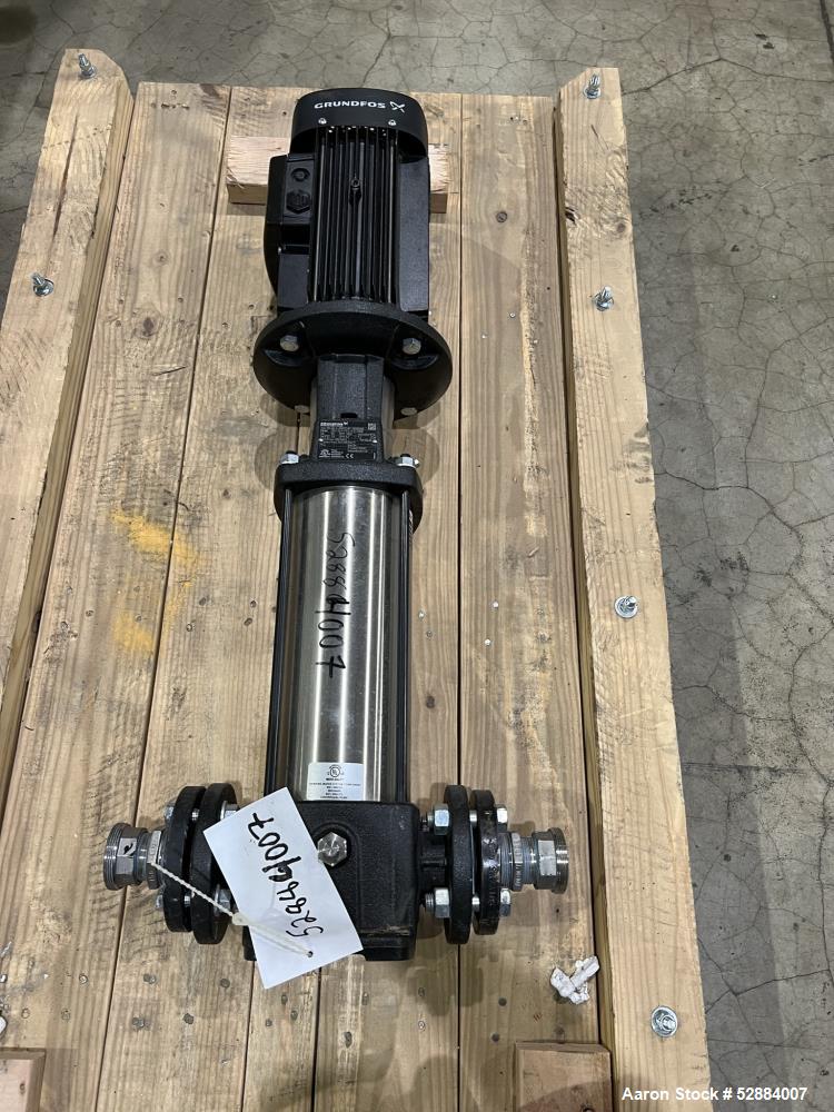 Used Grundfos Multistage Centrifugal Pump, Model CR1-19 A-FGJ-A-E-HQQE. 399/549 feet H/Hmax. 9.7 GPM. Driven by 3hp, 3/60/208-230/460 volt, 3500-3520rpm motor. 1-1/2" inlet/outlet. Serial# A-98937247...