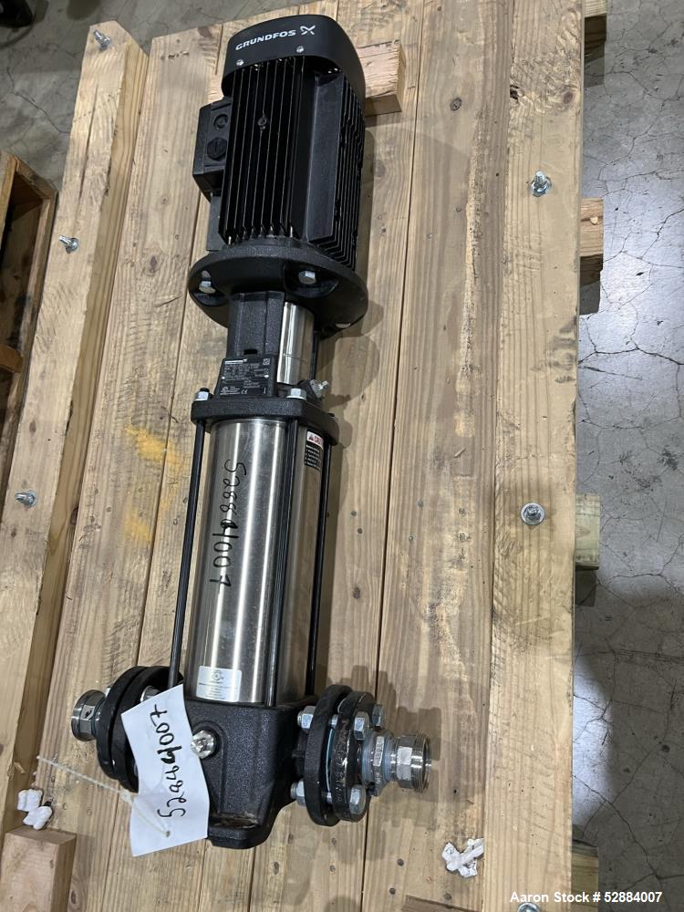 Used Grundfos Multistage Centrifugal Pump, Model CR1-19 A-FGJ-A-E-HQQE. 399/549 feet H/Hmax. 9.7 GPM. Driven by 3hp, 3/60/208-230/460 volt, 3500-3520rpm motor. 1-1/2" inlet/outlet. Serial# A-98937247...