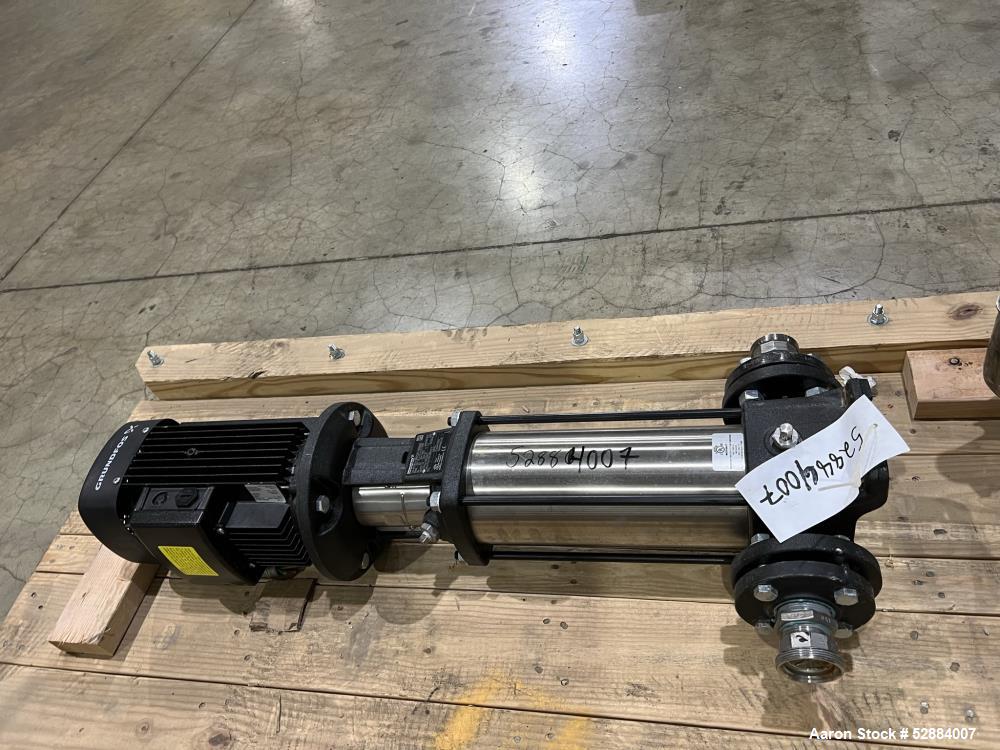 Used Grundfos Multistage Centrifugal Pump, Model CR1-19 A-FGJ-A-E-HQQE. 399/549 feet H/Hmax. 9.7 GPM. Driven by 3hp, 3/60/208-230/460 volt, 3500-3520rpm motor. 1-1/2" inlet/outlet. Serial# A-98937247...