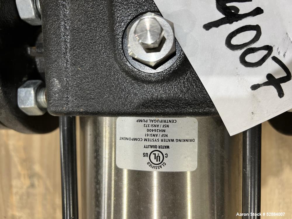 Used Grundfos Multistage Centrifugal Pump, Model CR1-19 A-FGJ-A-E-HQQE. 399/549 feet H/Hmax. 9.7 GPM. Driven by 3hp, 3/60/208-230/460 volt, 3500-3520rpm motor. 1-1/2" inlet/outlet. Serial# A-98937247...
