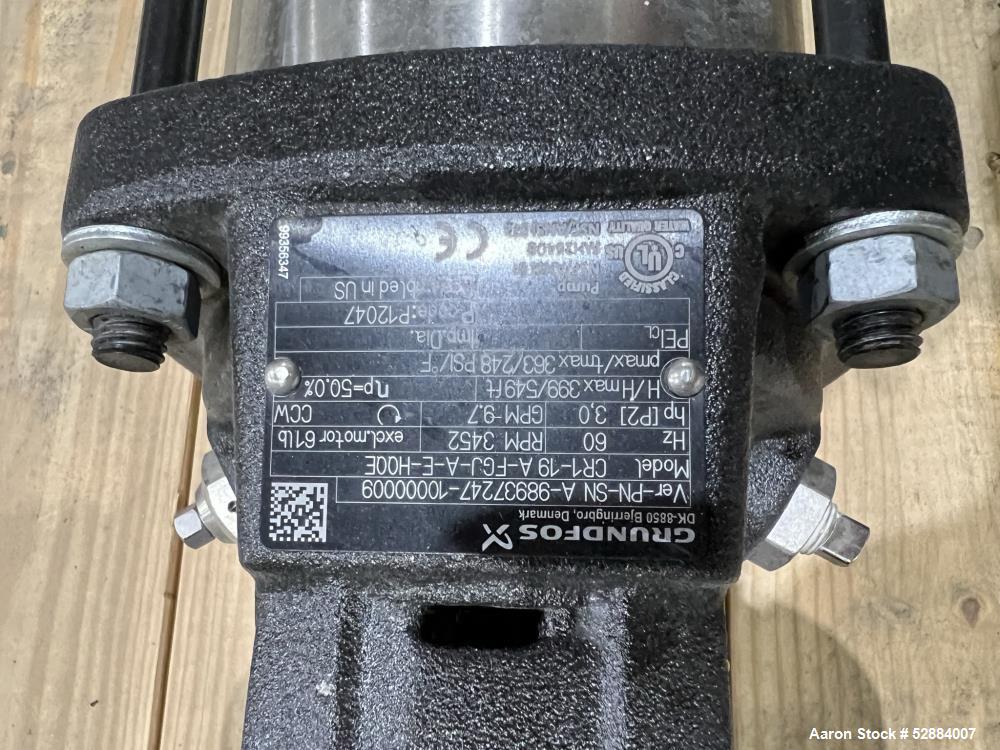 Used Grundfos Multistage Centrifugal Pump, Model CR1-19 A-FGJ-A-E-HQQE. 399/549 feet H/Hmax. 9.7 GPM. Driven by 3hp, 3/60/208-230/460 volt, 3500-3520rpm motor. 1-1/2" inlet/outlet. Serial# A-98937247...