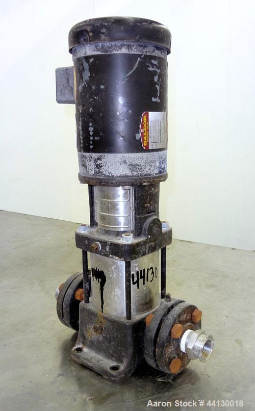 Used Grundfos CR2 Vertical Multistage Centrifugal Pump, Model CR2-80UGUAAUUE, 316 Stainless Steel. Approximate 11 gallons per minute at 290' head at 3450 rpm at 300 psi. 2" Inlet/outlet. Driven b y a...