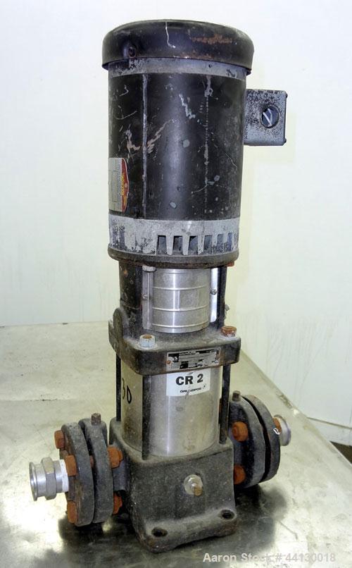 Used Grundfos CR2 Vertical Multistage Centrifugal Pump, Model CR2-80UGUAAUUE, 316 Stainless Steel. Approximate 11 gallons per minute at 290' head at 3450 rpm at 300 psi. 2" Inlet/outlet. Driven b y a...