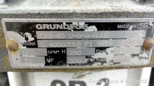 Used Grundfos CR2 Vertical Multistage Centrifugal Pump, Model CR2-80UGUAAUUE, 316 Stainless Steel. Approximate 11 gallons per minute at 290' head at 3450 rpm at 300 psi. 2" Inlet/outlet. Driven b y a...