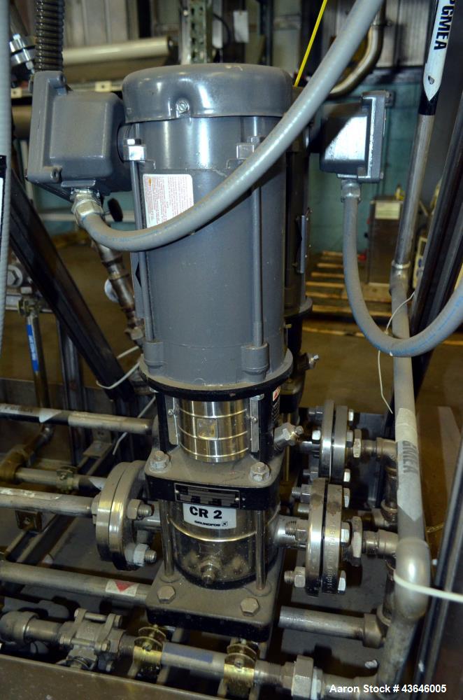 Used Pumping System Consisting Of: (2) Grundfos Vertical Multistage Centrifugal Pumps, Model CR2, 316 Stainless Steel. Each rated 11 gallons per minute at 140' head at 3450 rpm at 230 psi at 250 degr...