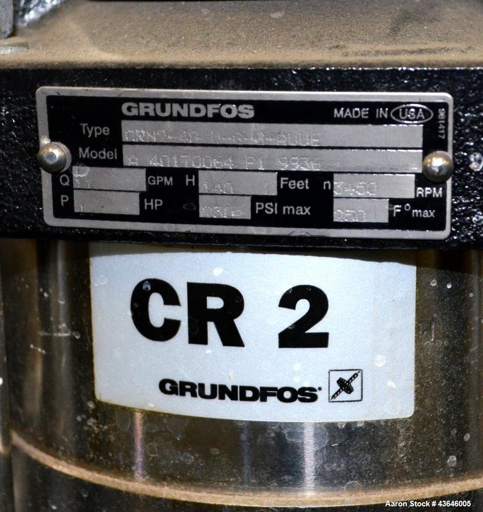 Used Pumping System Consisting Of: (2) Grundfos Vertical Multistage Centrifugal Pumps, Model CR2, 316 Stainless Steel. Each rated 11 gallons per minute at 140' head at 3450 rpm at 230 psi at 250 degr...