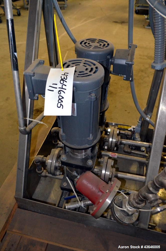 Used Pumping System Consisting Of: (2) Grundfos Vertical Multistage Centrifugal Pumps, Model CR2, 316 Stainless Steel. Each rated 11 gallons per minute at 140' head at 3450 rpm at 230 psi at 250 degr...