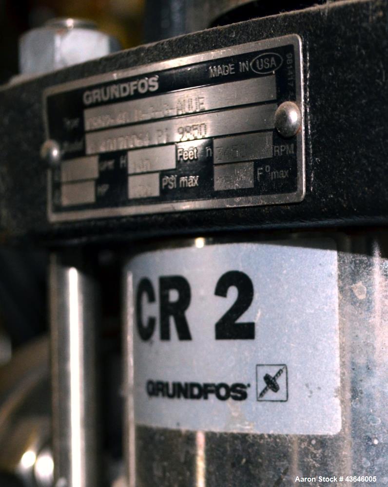 Used Pumping System Consisting Of: (2) Grundfos Vertical Multistage Centrifugal Pumps, Model CR2, 316 Stainless Steel. Each rated 11 gallons per minute at 140' head at 3450 rpm at 230 psi at 250 degr...