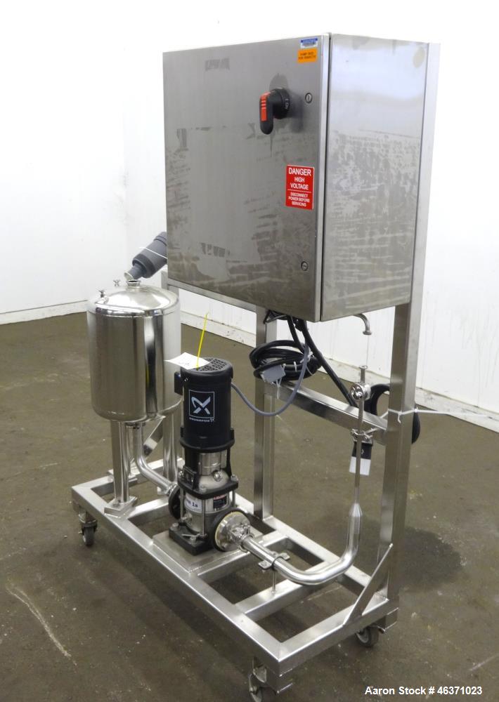 Used Grundfos CRN1S Vertical Multistage Centrifugal Pump, Type CRN1S-5A-FGJ-G-E-HQQE, 316 Stainless Steel. Rated 4.84 gallons per minute at 138.8 head at 3425 rpm at 363 psi at 248 degrees F. 1-1/4" ...