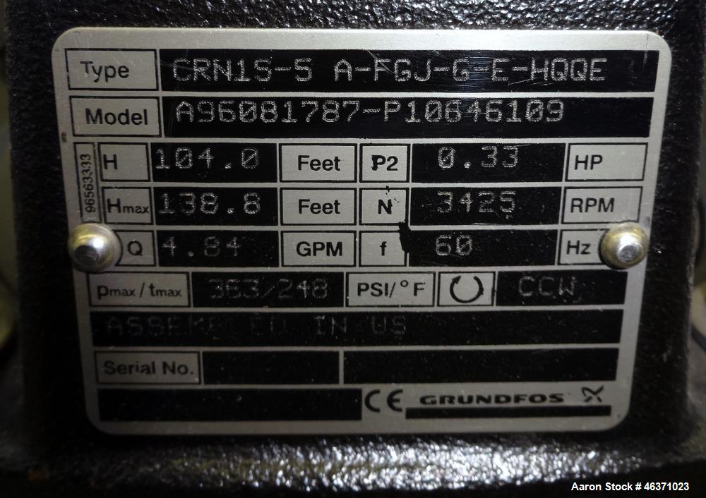 Used Grundfos CRN1S Vertical Multistage Centrifugal Pump, Type CRN1S-5A-FGJ-G-E-HQQE, 316 Stainless Steel. Rated 4.84 gallons per minute at 138.8 head at 3425 rpm at 363 psi at 248 degrees F. 1-1/4" ...