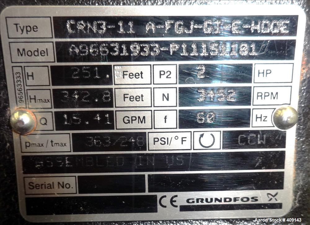 Used Grundfos CRN3 Vertical Multistage Centrifugal Pump, Type CRN3-11-A-FGJ-GI-E-HQQE, Model A96631933-P11151101, 316 Stainless Steel. Rated 15.41 gallons per minute at 251’ head at 3452 rpm at 363 p...