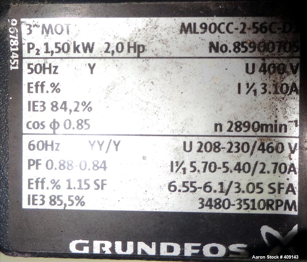 Used Grundfos CRN3 Vertical Multistage Centrifugal Pump, Type CRN3-11-A-FGJ-GI-E-HQQE, Model A96631933-P11151101, 316 Stainless Steel. Rated 15.41 gallons per minute at 251’ head at 3452 rpm at 363 p...