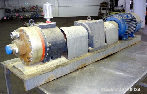Used Hydra-Cell Pump, Model DD35EASJNNEHB, 316 Stainless Steel. Approximate 3" inlet, 1-1/2" outlet. Driven by a 3.81/25hp, 3/10-60/80-460 volt, 770-1770 rpm motor. Mounted on a carbon steel base.