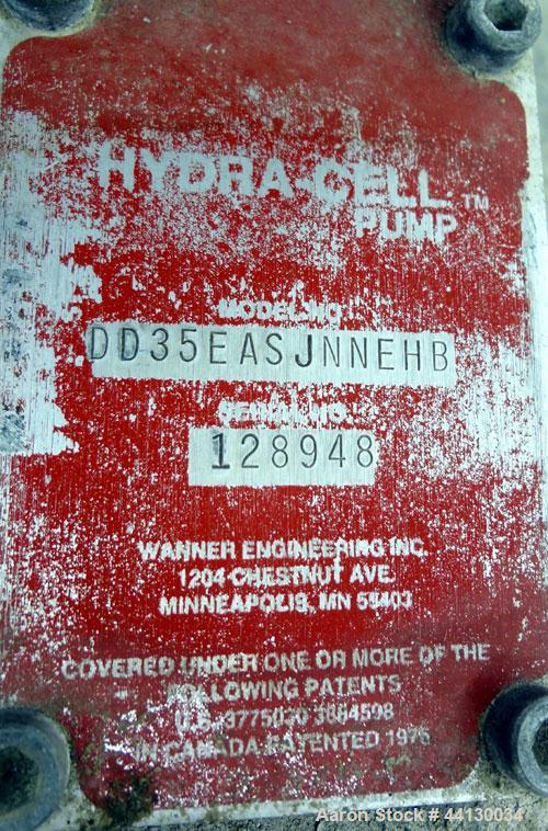 Used Hydra-Cell Pump, Model DD35EASJNNEHB, 316 Stainless Steel. Approximate 3" inlet, 1-1/2" outlet. Driven by a 3.81/25hp, 3/10-60/80-460 volt, 770-1770 rpm motor. Mounted on a carbon steel base.