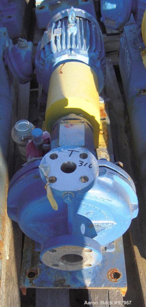 Used Ingersoll-Rand Centrifugal Pump, Size 1.5x1x8, 316 Stainless Steel. 1-1/2" inlet, 1" outlet, approximate 8" diameter impeller. 275 psi. Driven by a 2 hp, 3/60/230/460 volt, 1770 rpm motor. Base ...