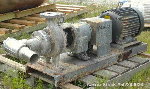 Used Ingersoll-Rand Centrifugal Pump, Size 3x2, 316 Stainless Steel. 3" Inlet, 2" outlet. Driven by a 15 hp, 3/60/460 volt, 3510 rpm motor. Base mounted.