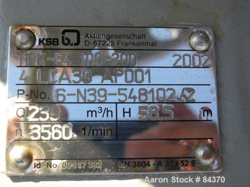 Unused-UNUSED: KSB centrifugal pump, model HPK-E4 100-200, 316 stainless steel. 5" inlet, 4" outlet. Rated approximately 1052 gallons per minute with 192 feet of head. Driven by a 75 hp, 3/60/460 vol...