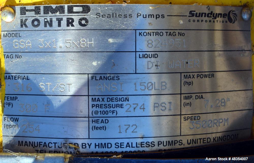 Used Kontro HMD Seal Less Pump, Model GSA 3X1.5X8H, 316 Stainless Steel. Rated 254 gpm at 172 head feet at 3500 rpm. Driven by a 30hp motor. Serial# 824951.